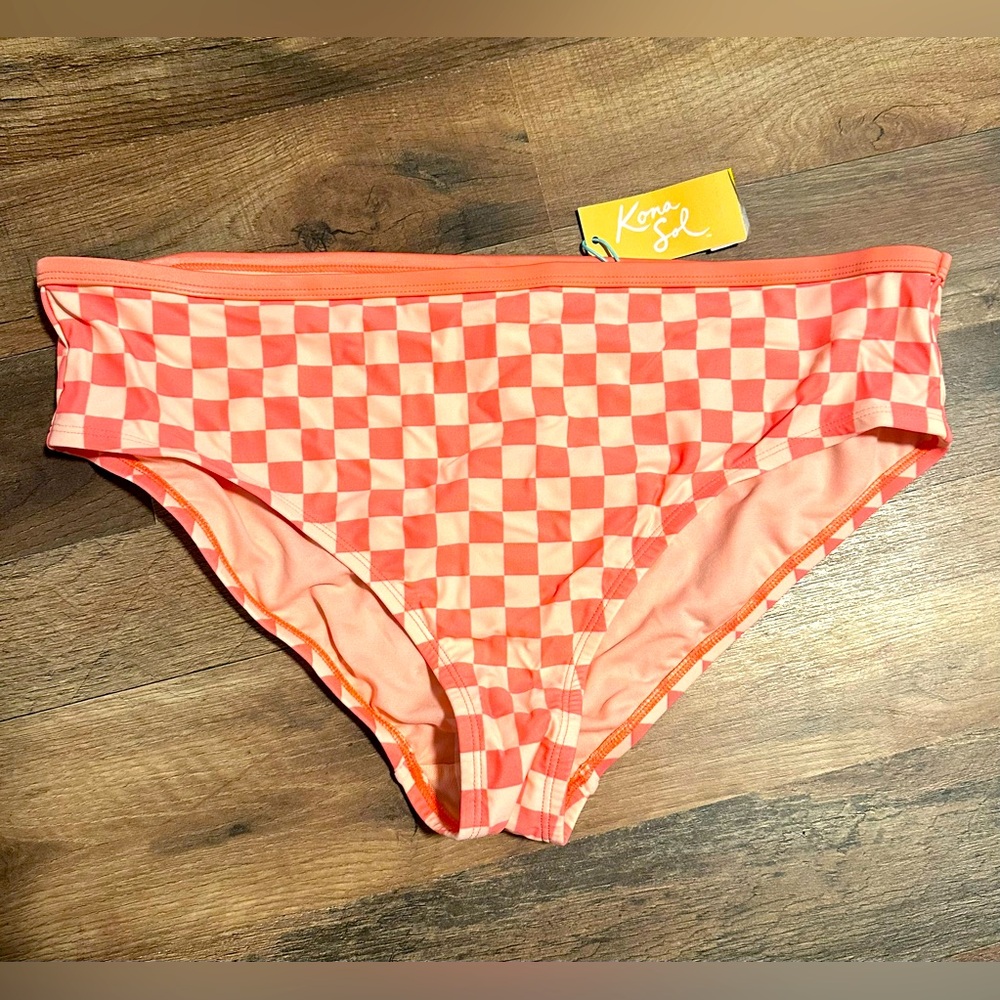 Kona Sol checkered peach-colored High Waisted Bikini Bottoms